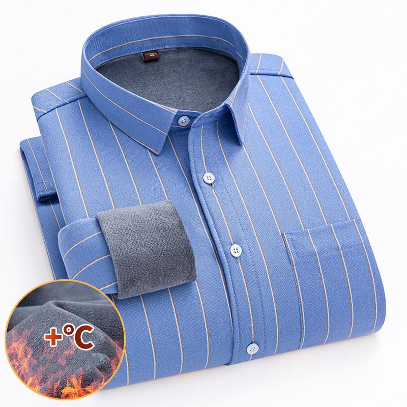 Winter Cotton Oxford Casual Shirts Striped  Plaid Business Men Long Sleeve Warm Shirt 2 Layers