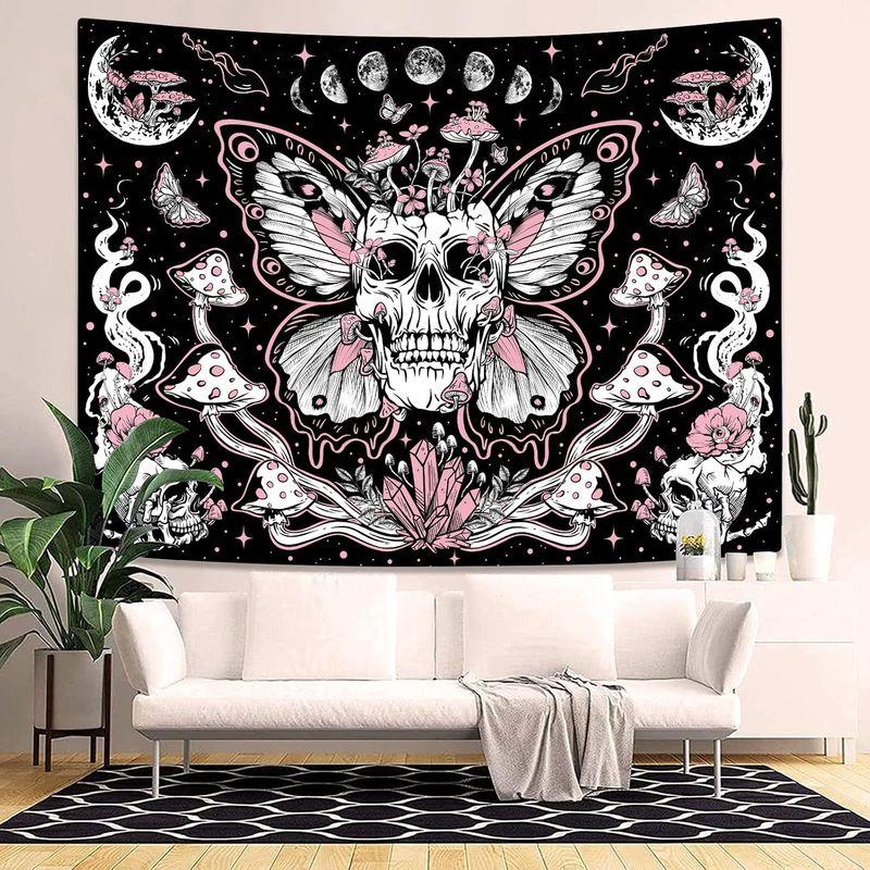 Pink Butterfly Skull Tapestry Moon Phase Mushroom Crystal Witchy Wall Hanging Dark Aesthetic Dorm Bedroom Home Decor