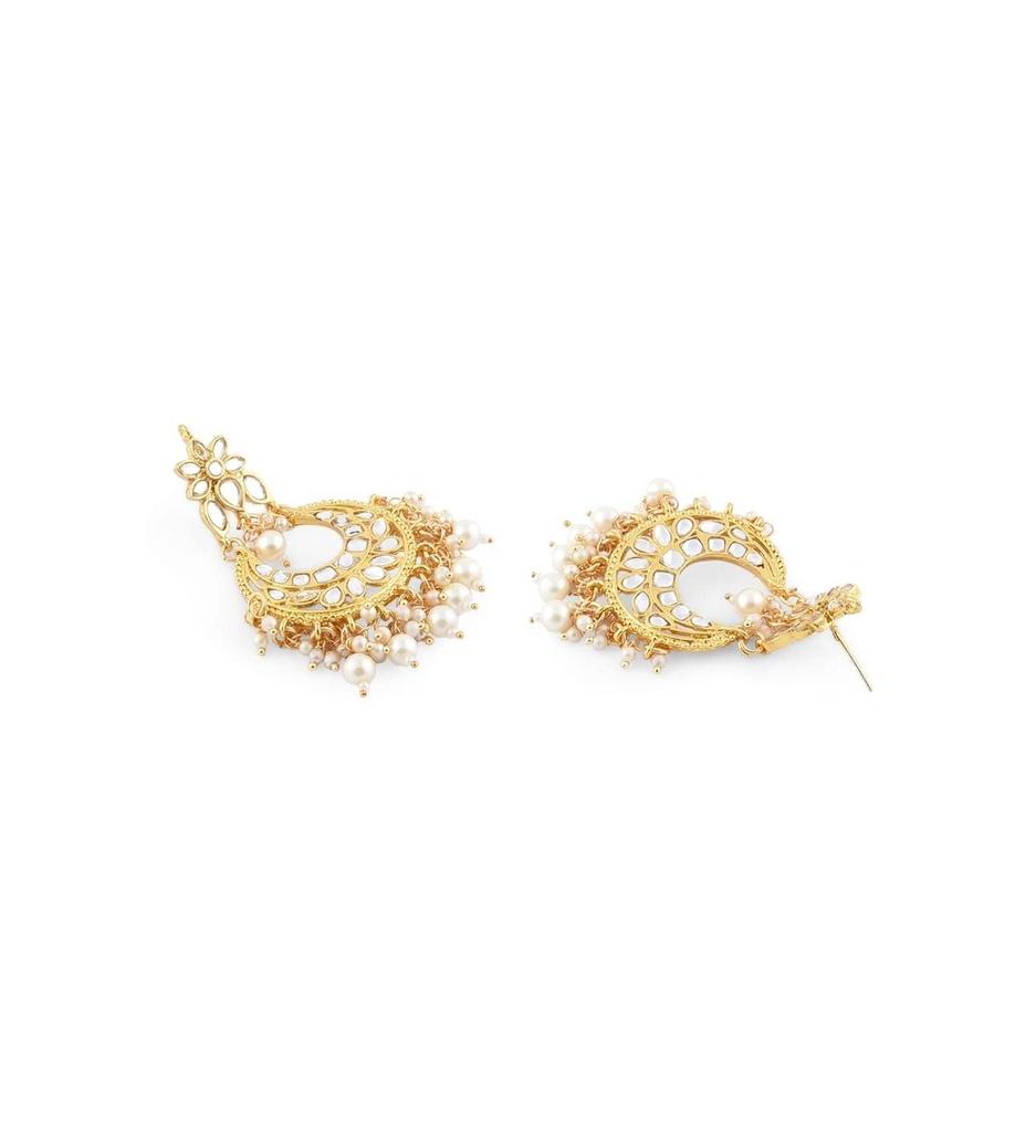 Gold Tone Kundan & Pearls Traditional Earring & Maangtikka Set For Women