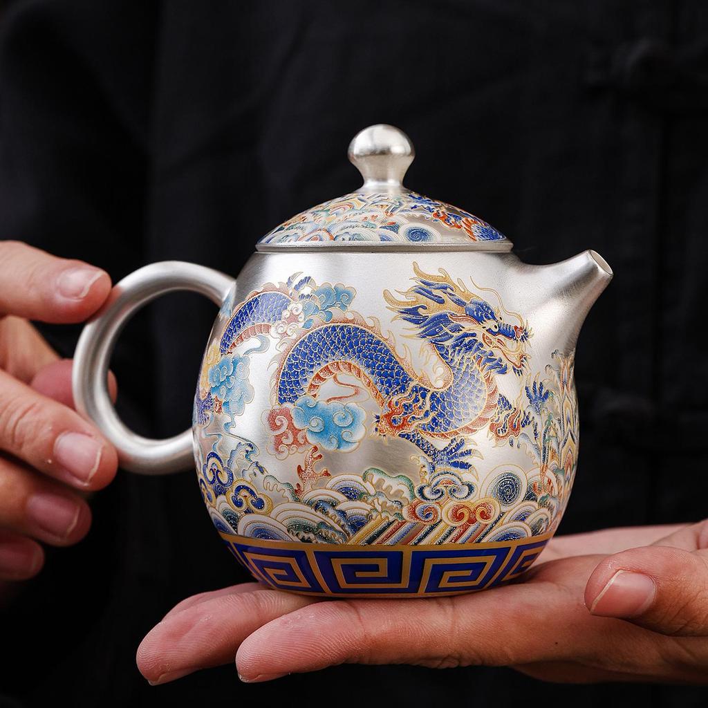 Luxury Dragon & Phoenix Silver-Plated Tea Set: One Pot, Two Cups, Dragon Egg Infuser, Gift Box Included