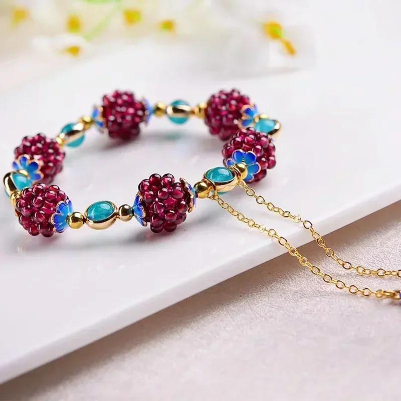 Vintage Simple Bohemia Fashion Natural Garnet Stone Ethnic Bracelet Multi-Circle Pomegranate Crystal Charming Bracelet Gifts