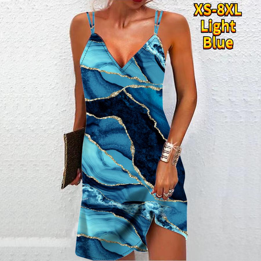 Damenmode Sexy 3D-Marmor-Texturdruck Trägerloses Kleid Loses Leibchenkleid mit V-Ausschnitt