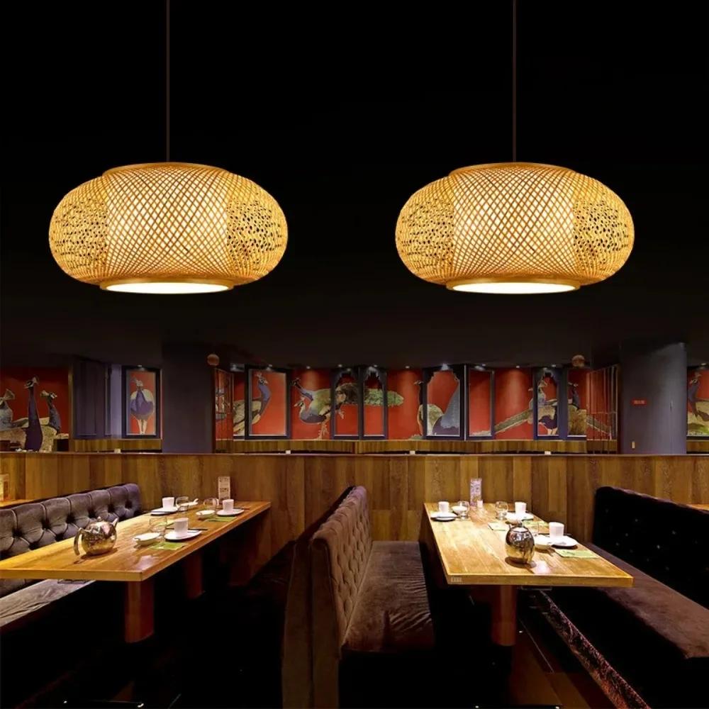 40-80cm Natural Bamboo Hand-woven Pastoral Tea Room Chandelier Lamp Restaurant Bedroom Light  Rattan Craft Pendant Lights