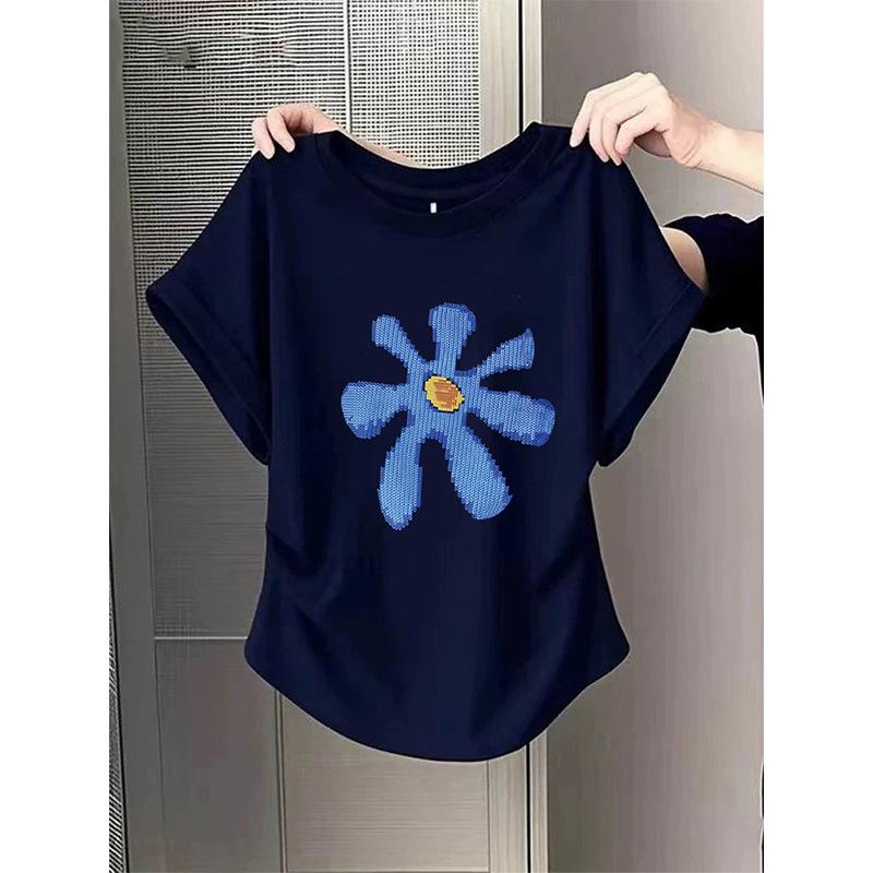 

Women Summer Round Neck Short Sleeve Blue Flower Print Casual Loose T Shirt M темно-синього кольору