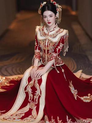 Bride’s Velvet Xiuhe Suit 2026: New Chinese-Style Wedding Gown with Heavy Embroidery, Toasting Dress, Plus Size Available