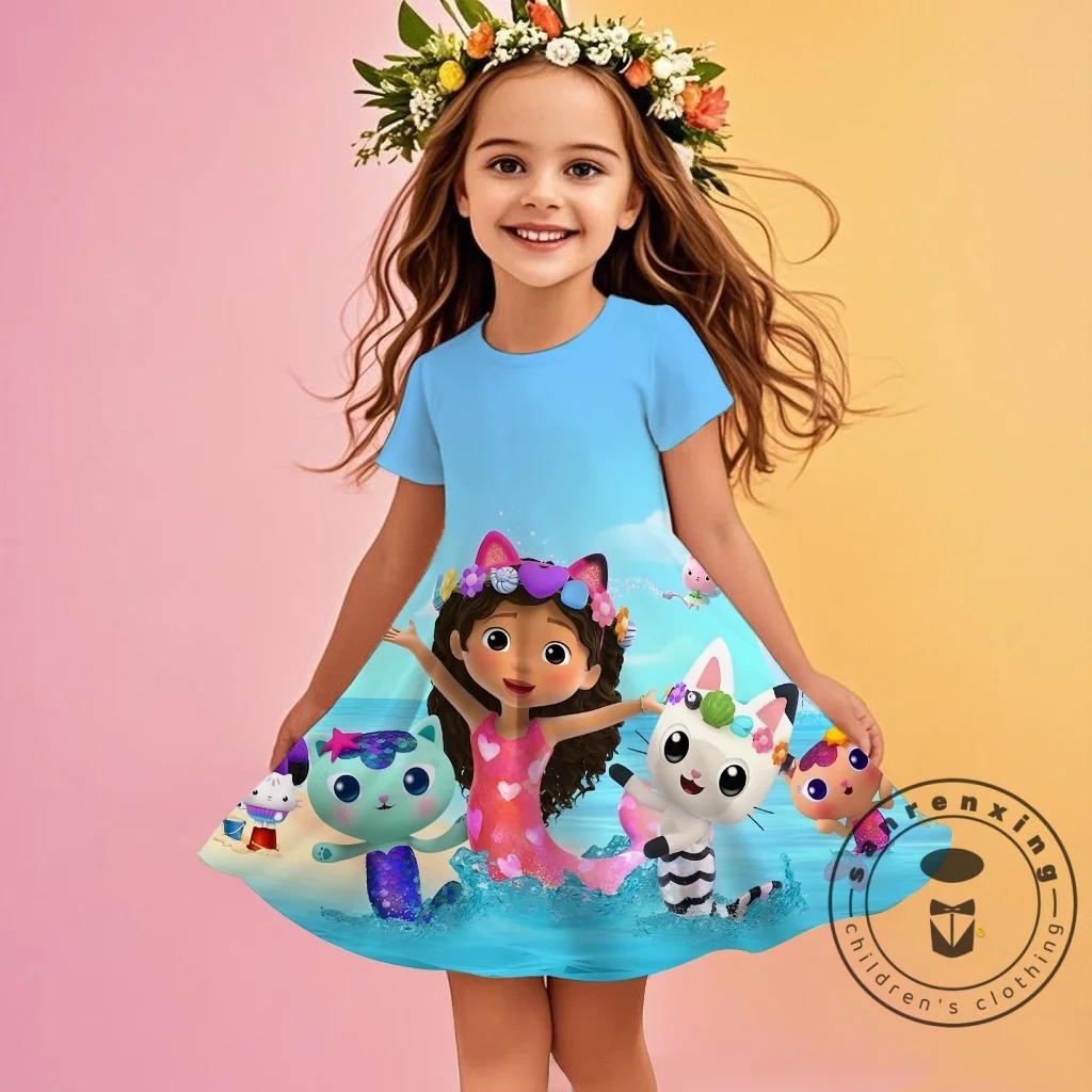 3D Printed Fashion Cartoon Pattern Cute Short Sleeved Dress Cosplay Youth Girl Clothes Gabby's Dollhouse Sea Clothes Sweet