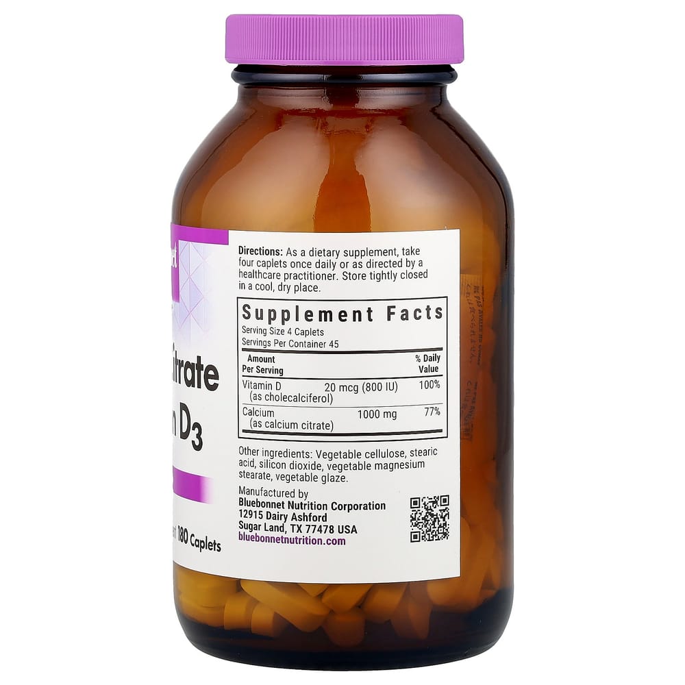 Bluebonnet Nutrition Calcium Citrate Capsules with Vitamin D3, 180 Count