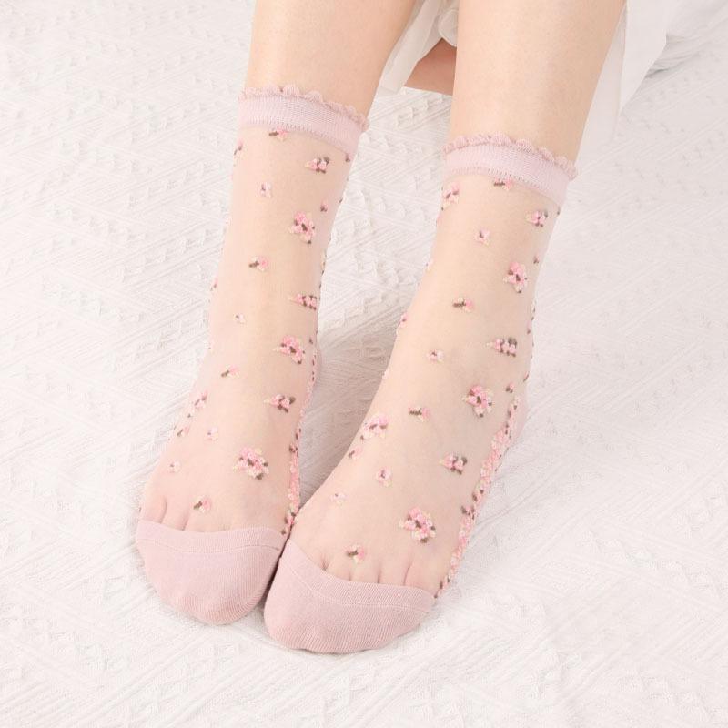 2 Paar Damen-Sommersocken mit Blumenmuster, dünn, transparent, elastisch, atmungsaktiv