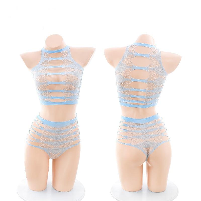 Sexy three-point hollowed-out erotic underwear striped chest split two-piece set European and American pure desire bikini
