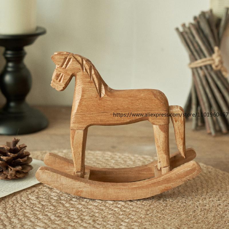 Nordic-Style Rocking Horse Wooden Horse Desktop Ornament Home Decor Pine Rocking Horse Craft Horse-to-Success Figurine