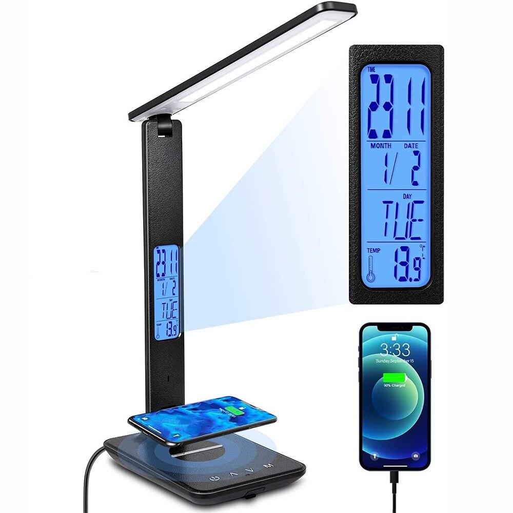 

10 Вт телефон QI беспроводной зарядки светодиодный настольный светильник с календарем температура будильник защита глаз учебный светильник настольная лампа для чтения