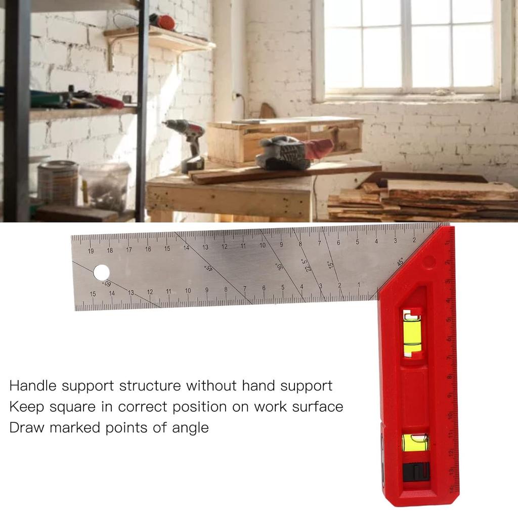 Accurate Woodworking Square, Scale Carpentry Measuring Marking Ruler Stainless Steel with Level Bubble for Marking for Carpenter(7 9in)
