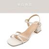 Fashion 2025 Comfortable Minimalist and Versatile Summer Square Head Open Toe Thick Middle Heel Casual Roman Sandals for Women Size 40