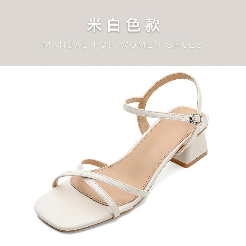Fashion 2025 Comfortable Minimalist and Versatile Summer Square Head Open Toe Thick Middle Heel Casual Roman Sandals for Women Size 40