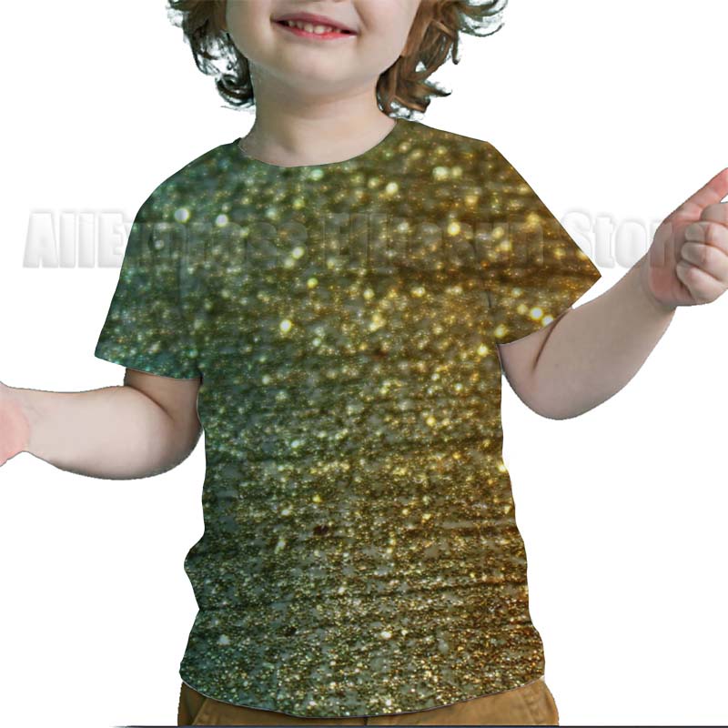 

Літня Креативна Блискуча Золота Дитяча Футболка Малюк Смішна Футболка Хлопчики Дівчатка Підлітки Барвиста 3D Футболка 150
