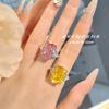 Luxury Cushion Pink Zircon Ring for Women Elegant Open Band Yellow Diamond Fashion Jewelry