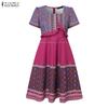 ZANZEA Women Casual Square Collar Short Sleeve Retro Print A-Line Dress