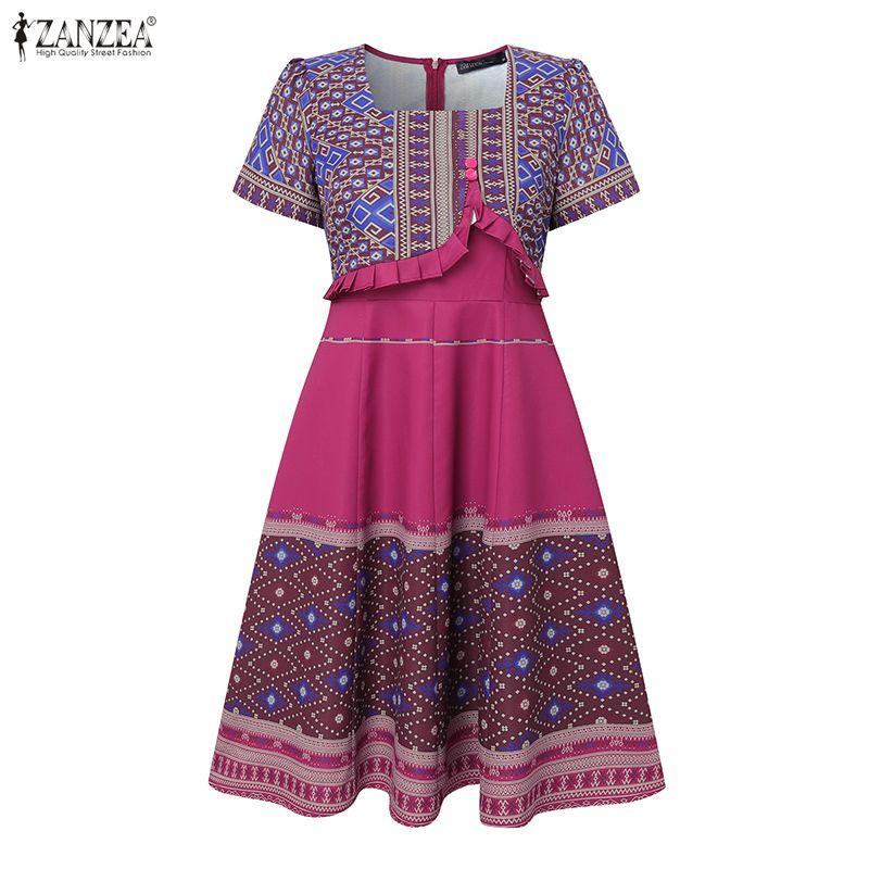 ZANZEA Women Casual Square Collar Short Sleeve Retro Print A-Line Dress