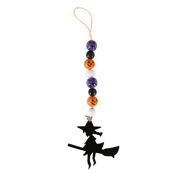 Halloween Wooden Beads Garland Hanging Pumpkin Ghost Bead with Cat Spider Witch Ornaments for Halloween Indoor Outdoor Tree Decor
