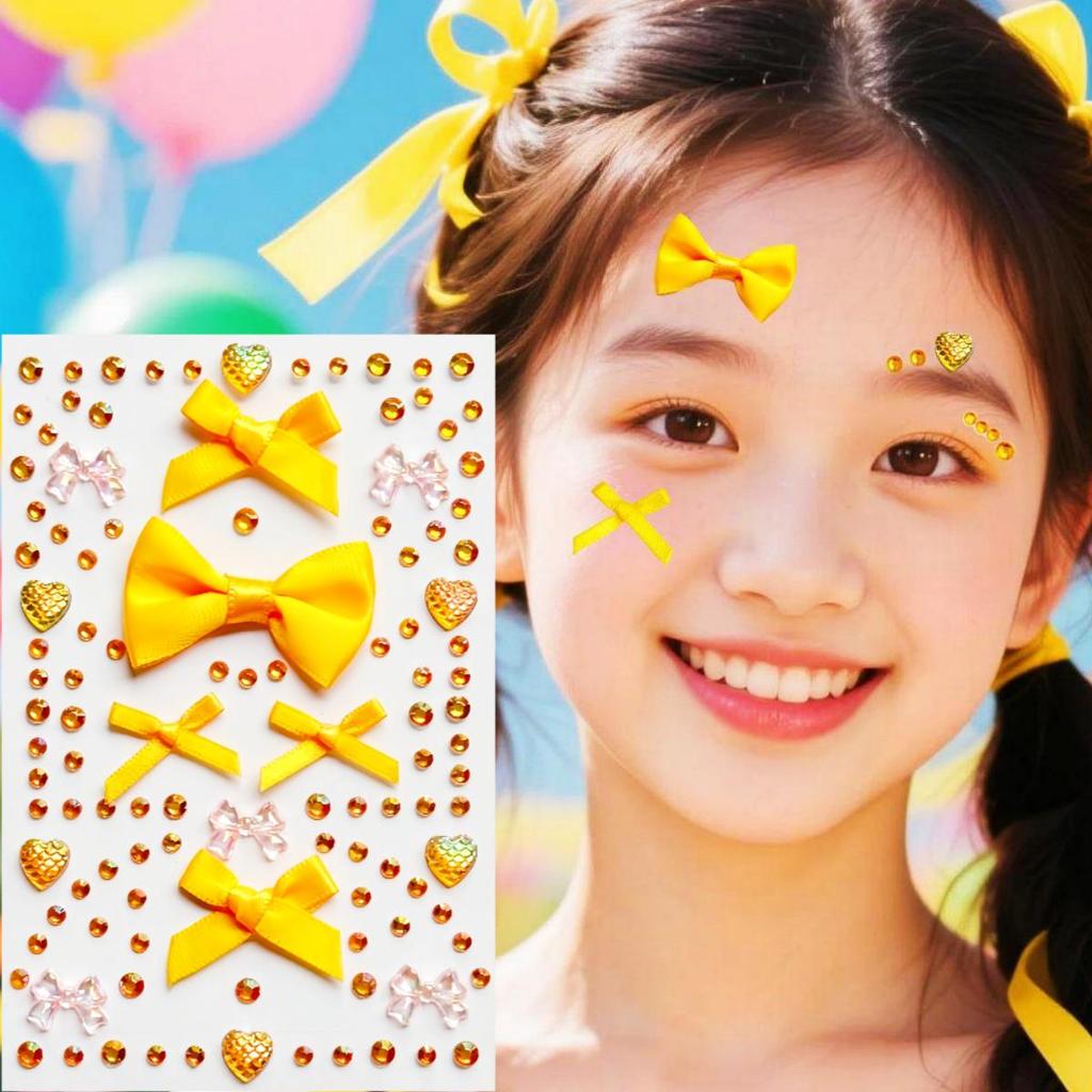 Yellow Rhinestone Heart Bow Face & Nail Stickers