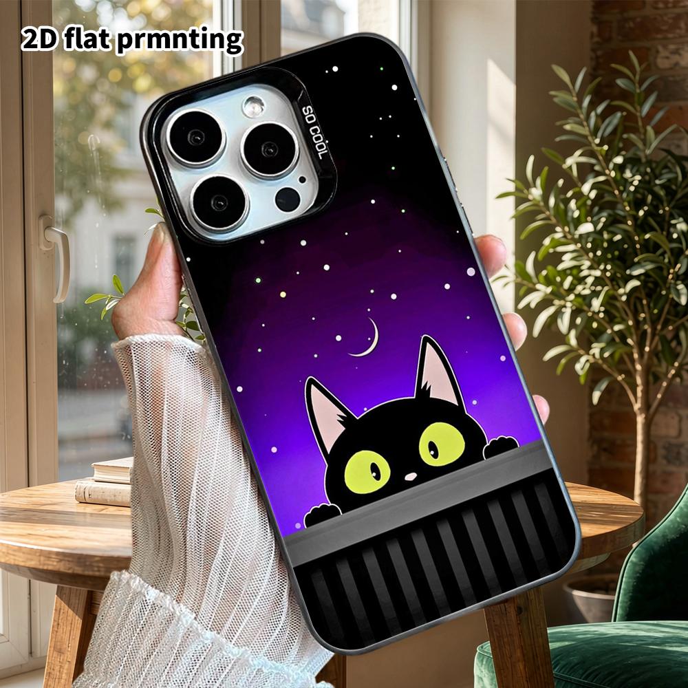 Phone Case: 2D Flat Design Suitable for iPhone 18 17 16 15 14 13 Pro, Colorful Silver Protective Case, Couple Style, Peeking Little Black Cat, Christm