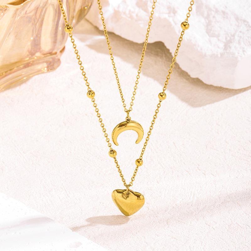Moon Heart Stainless Steel Double Layer Necklace - Elegant Retro Design for Women
