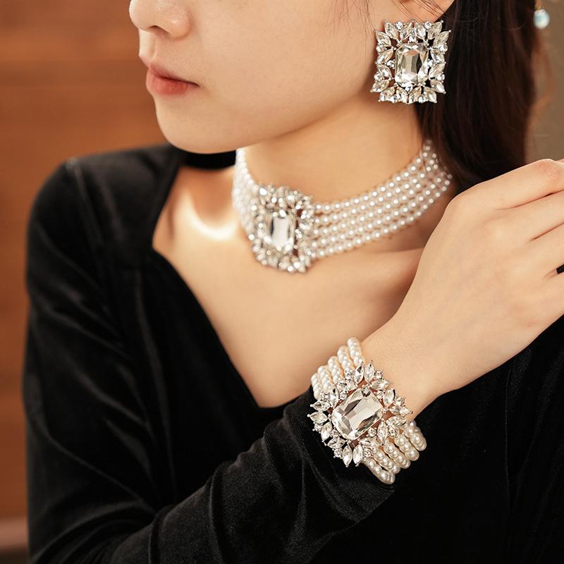 Light Luxury Pearl Bead Multi-Layered Necklace Bracelet With Exaggerated Rhinestones Design Jewelry Earrings For Women Gift