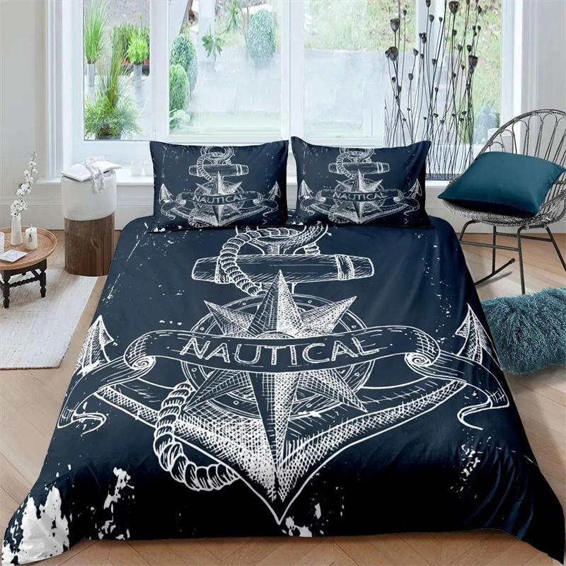 Nautical Bedding Collection Ocean Anchor Decor Duvet Cover Sailor Pirate Captain Sea Adventure Bedspread Cover For Kids Boys Navy Blue