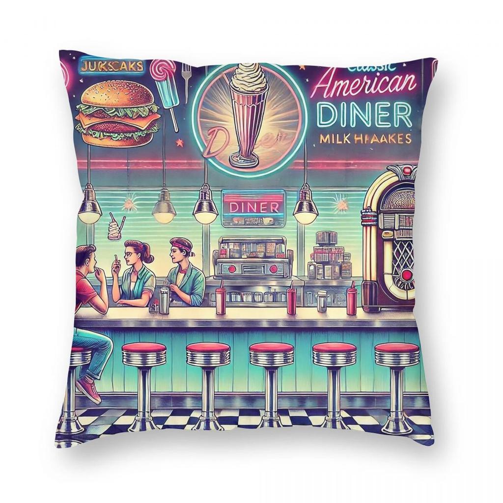 Retro American Diner Scene Square Pillowcase Polyester Linen Velvet Printed Zip Decorative Pillow Case Sofa Seater Cushion Case