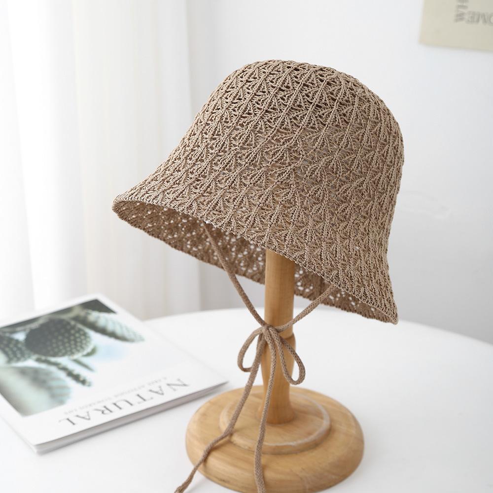 

Straw bucket hat 2025 summer straw hat sun hat strap sun hat sun hat hollow breathable versatile straw hat M（56-58cm） светло-коричневого