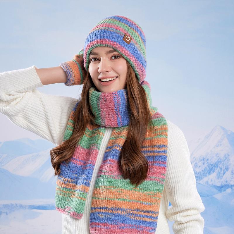 Winter Outdoor Warm Fashion Knitted Hat Women's Gloves Hat Scarf 3-Piece Set