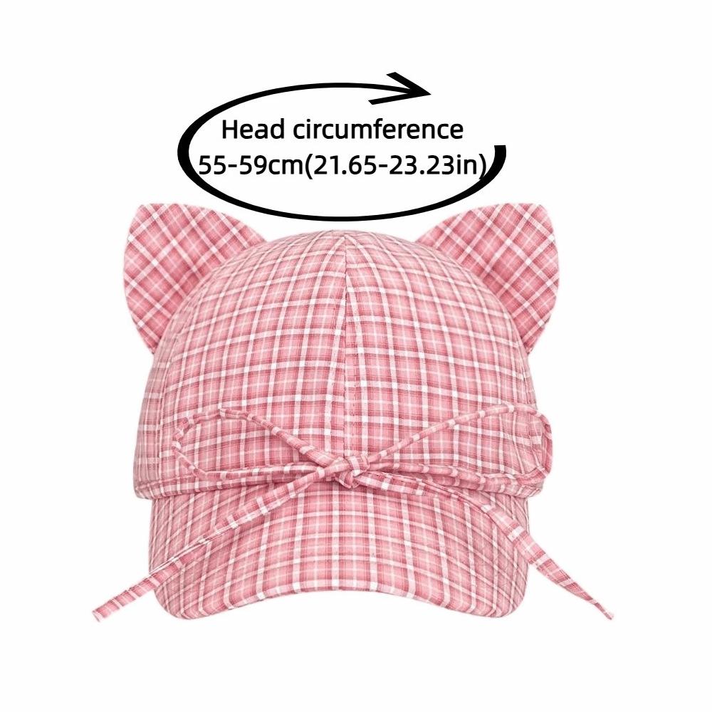 Fashion Cat Ears Baseball Cap Plaid Bow Tie Style Peaked Cap Breathable Simple Sun Hat Unisex Outdoor