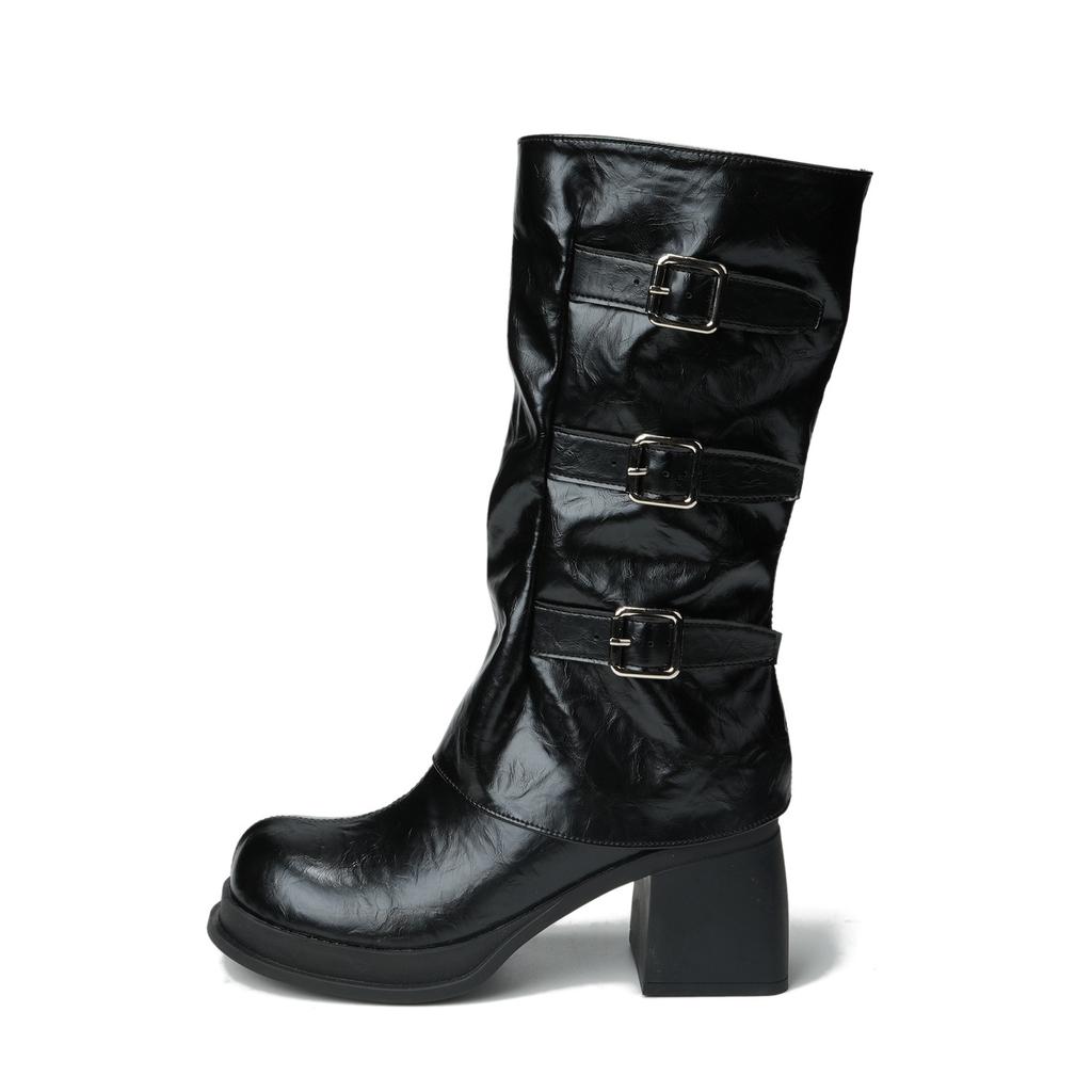 Women'S Mid-Calf High-Heeled Thick-Soled Trouser Boots Cowboy Boots
