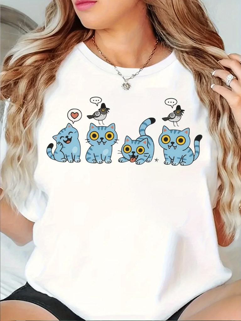 Women's Y2k Kpop-huntrix-tee T-shirt Cute Blue Cats Graphic Tee Soft Stretchy Crewneck Top For Casual Everyday Concert Outfits