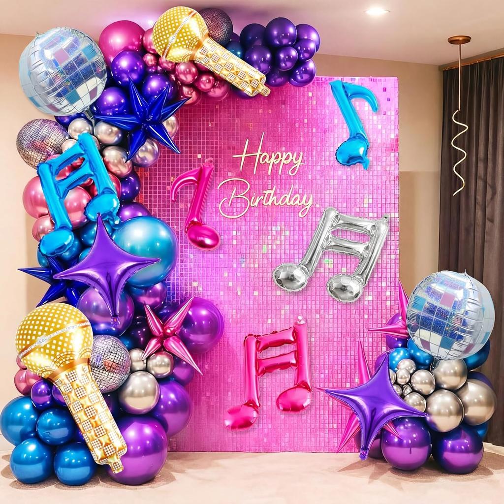 Music Theme Foil Balloons Set 10Pcs Disco Ball Microphone & Note Decorations for 70-90s Disco K-pop Karaoke Birthday Party Props