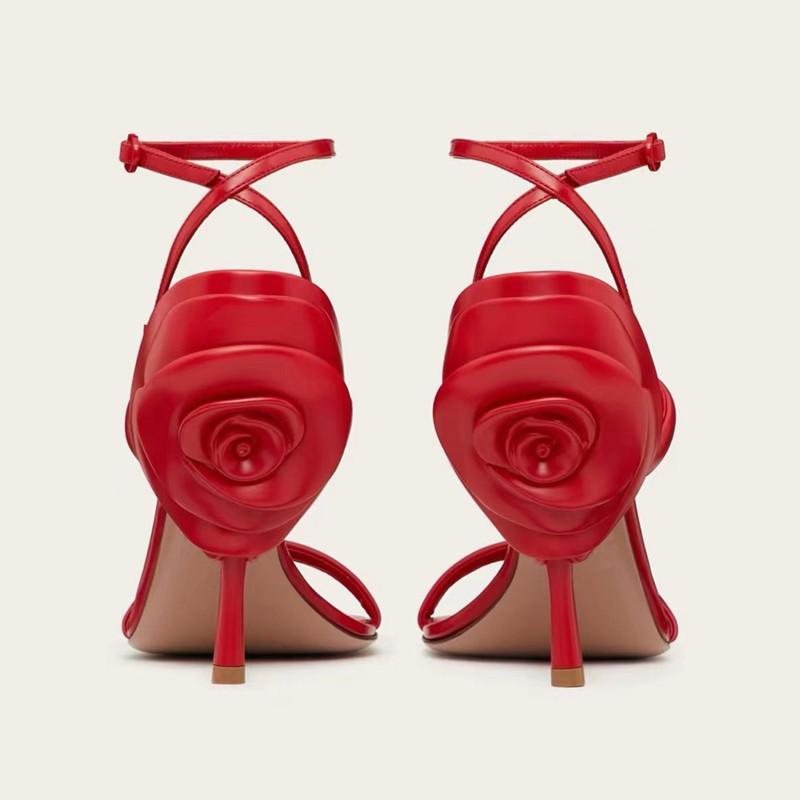 Fashion 2024 Summer Fashion Flower Decor High Qualtiy Leather Women Gladiator Sandals Shoes Sexy Narrow Band Thin High heels Party Shoes
