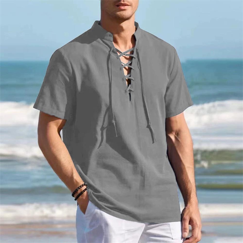 Summer Vintage Men's V-neck Shirt Drawstring Design Cotton Linen Breathable Stylish Casual Tops Solid Color Vacation Shirts