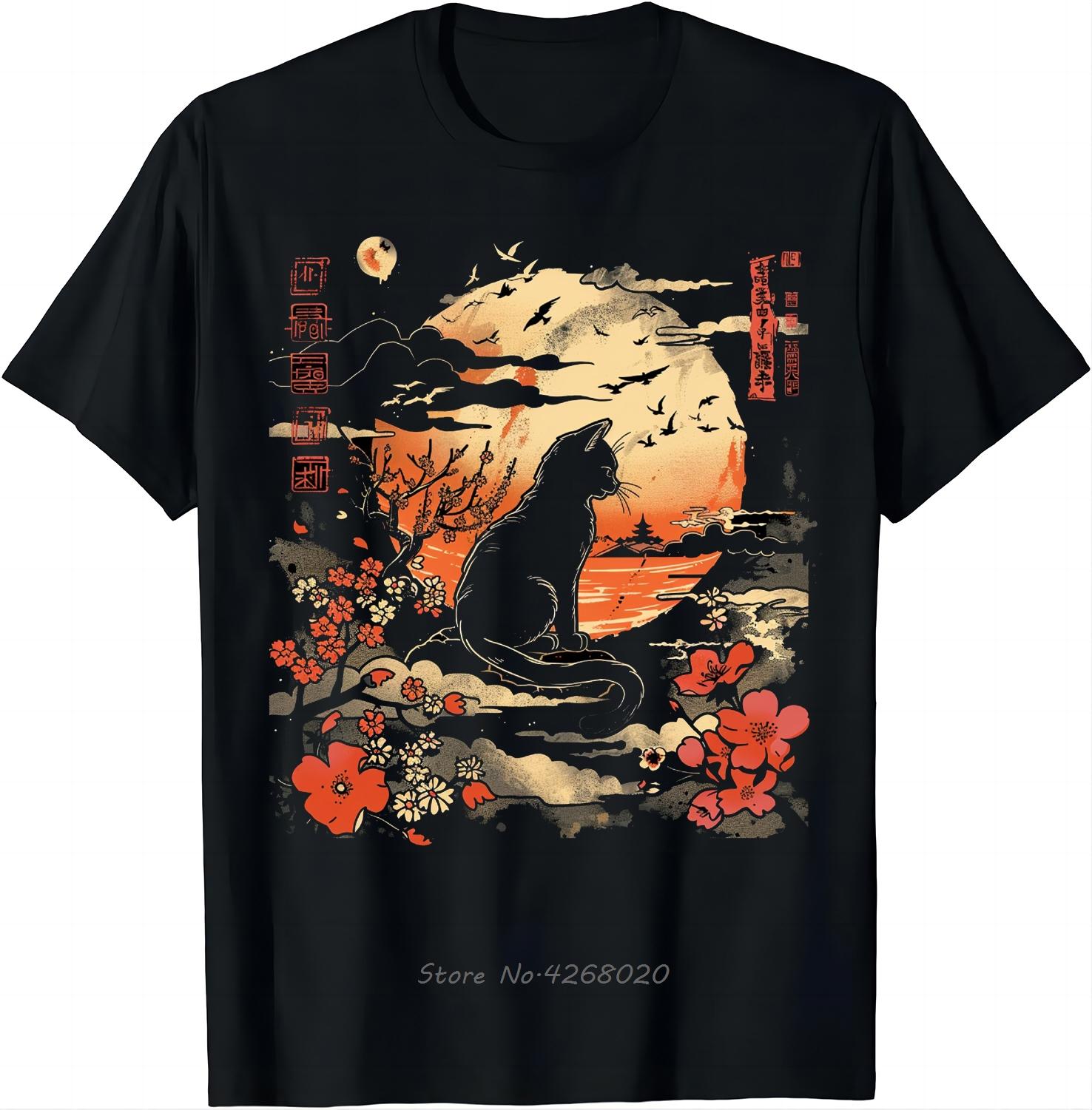 Kawaii Cat Anime Japanese Retro Tshirts Funny Cat Graphic Unisexs Clothes Cotton Tshirt Camisetas Casual Fitness T Shirt S