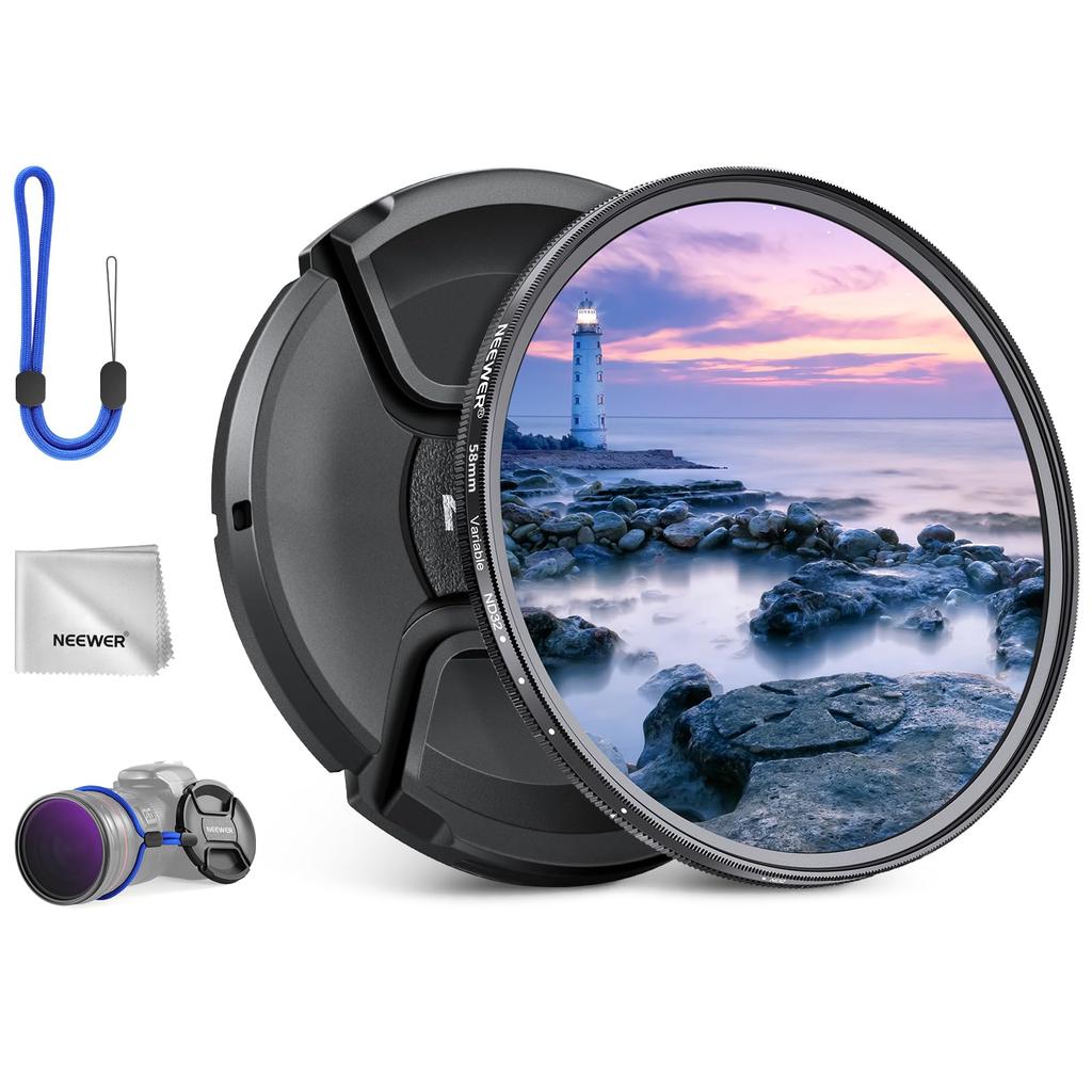 NEEWER 58mm Variable ND with Lens Cap and Cleaning Adjustable Neutral Optical Neutral Density Camera Photography Accessories Filter, ND2-32 (1-5