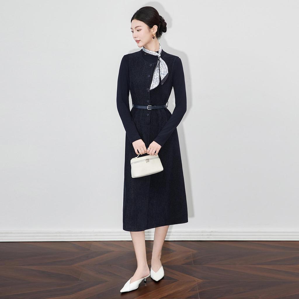 French Solid Color Inner Layer Base Shirt & Chenille Vest Dress Two-Piece Set