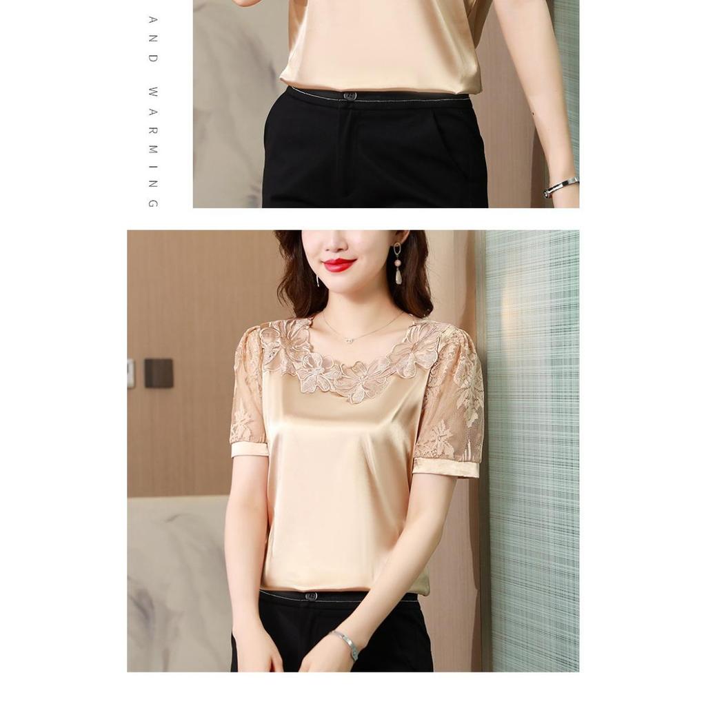 Summer Lace Patchwork Short Sleeved T-shirt for Women, Oversized Satin Versatile Base Shirt, Niche Design Top