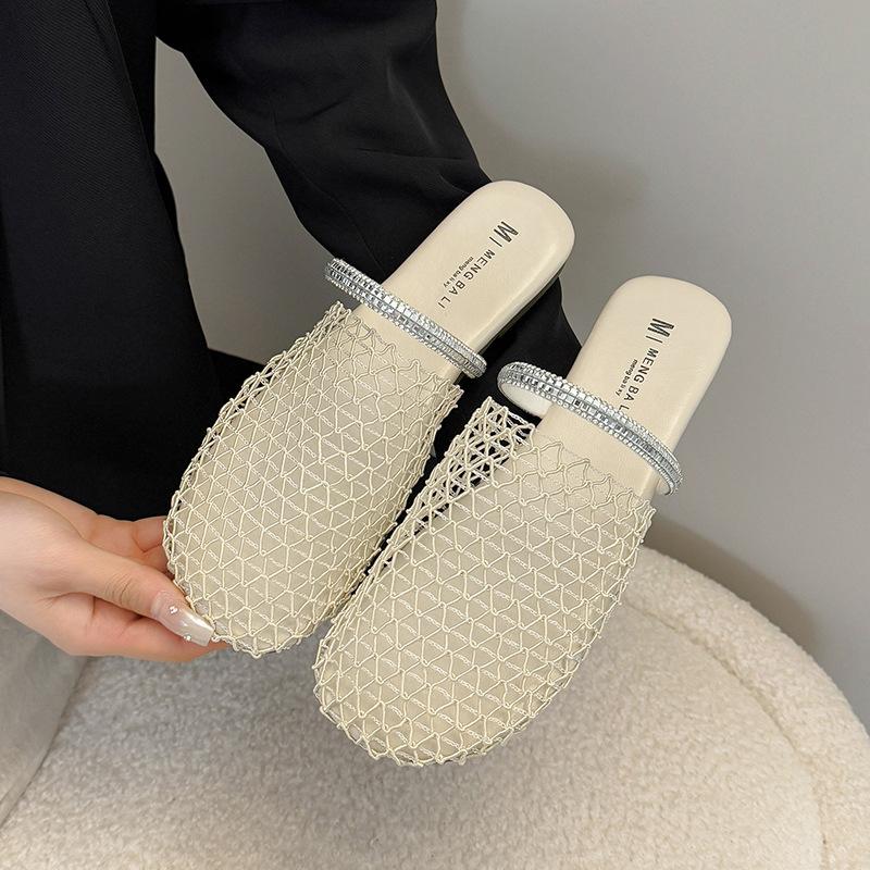2025 Summer New Fishing Net Surface Hollow Rhinestone Bag Head Half Slippers Women Wear Flat Casual Beach Cool Slippers