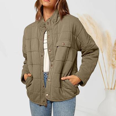 Wintermantel für Damen, Stehkragen, Nackenschutz, gepolstert, dick, einfarbig, lange Ärmel, Brusttasche, Button-Down-Strickjacke, Jacke für den täglichen Arbeitsweg