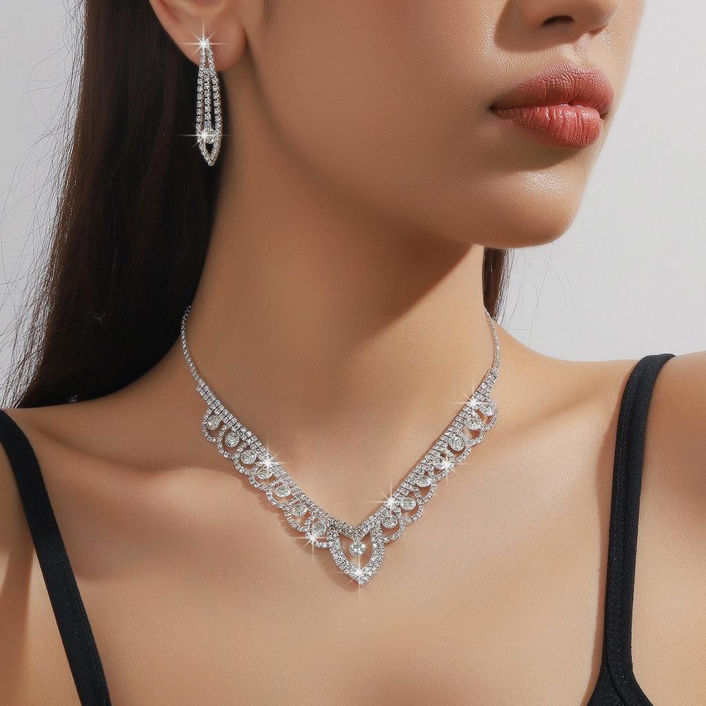 Lace Circle Rhinestone Women's Silver Necklace Earrings Bracelet Ring Four-piece Wedding Photography