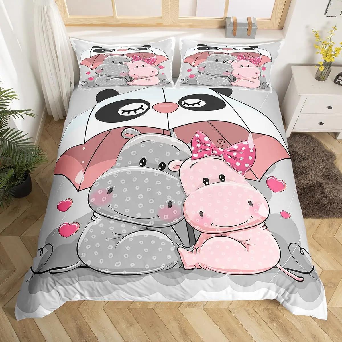 

Cartoon Hippo Duvet Cover Palm Leaf Cute Hippo Monstera Green Leaf Branch Parent Theme Wildlife Animal Room Decoration for Kids 70x133cm 2pcs