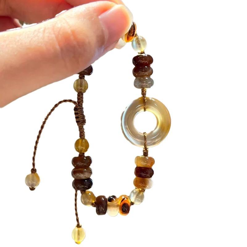 Natural Crystal Safety Buckle Beaded Bracelet For Women Adjustable Braided Rope Retro Brown Healing Stone Lucky Charm Jewelry Holiday Daily Wear Gift