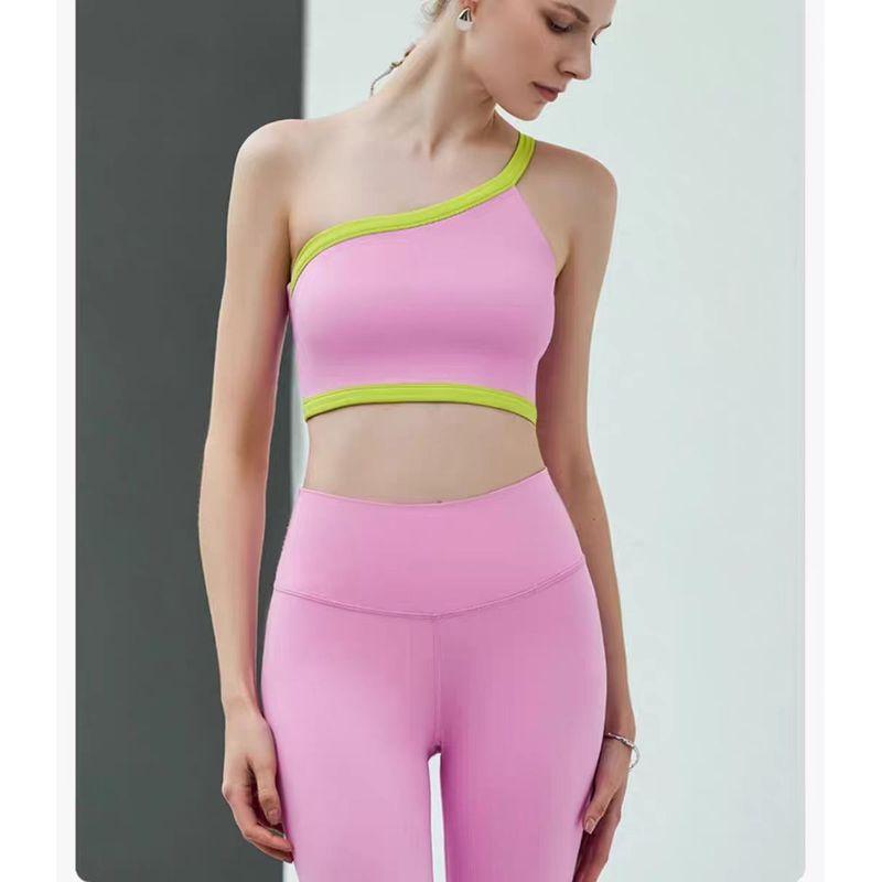 

New European and American One-Word Shoulder One-Shoulder Nude Feel Yoga Intimates Sports Bra Fitness Vest Yoga Clothes Contrast Color Beauty Back L Skylark Yellow Vest(Left shoulder strap)