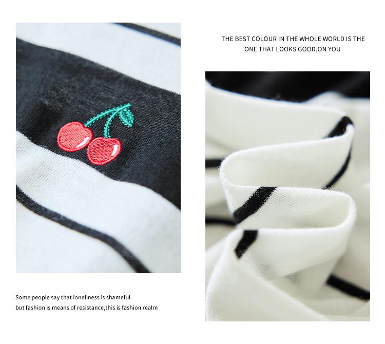 2025 New Summer Round Neck Stripe Color blocked [Cherry Embroidery] Short sleeved Knitted T-shirt Top for Women