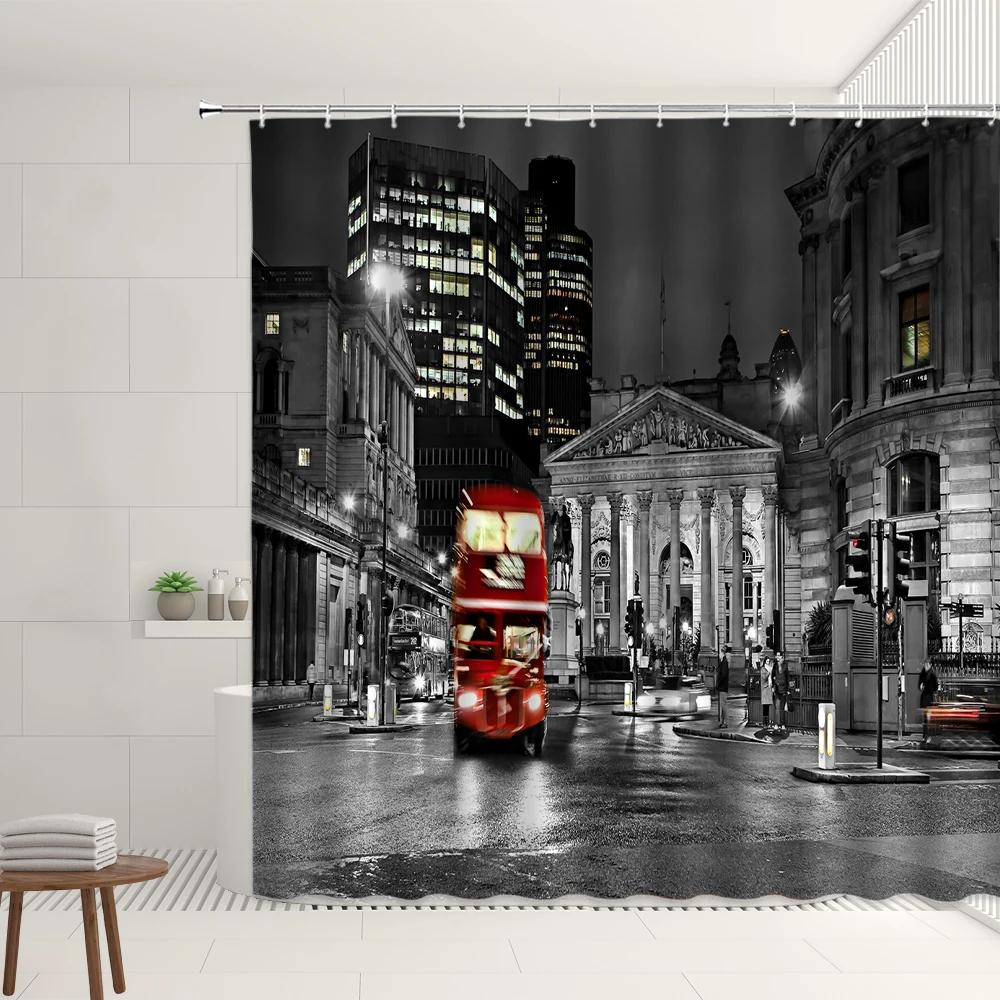 London Big Ben Rote Telefonzelle Retro Badezimmer Duschvorhang Wasserdicht Polyesterstoff Heimdekoration Kunst Badezimmer Vorhänge