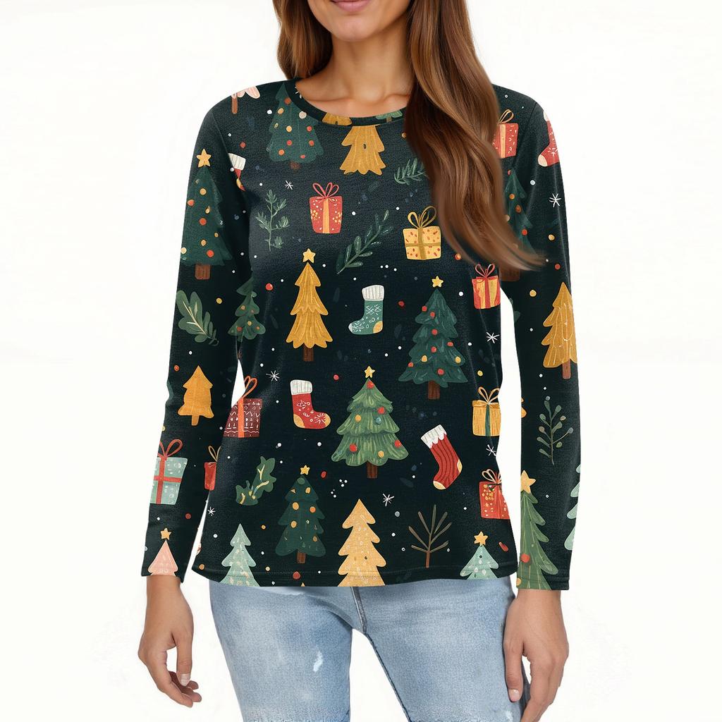 Women's Fashion Casual Christmas Printed Round Neck Long Sleeve Pullover Top